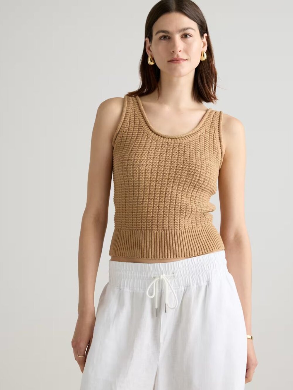 Quince 100% Organic Cotton Waffle Cropped Sweater Tank Camel NWT